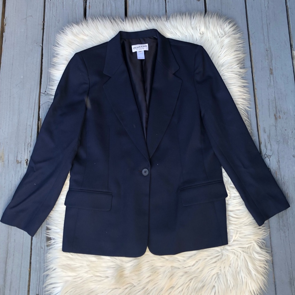 Pendleton 100% Virgin Wool Classic Navy Blue Womens Blazer Jacket size 14P